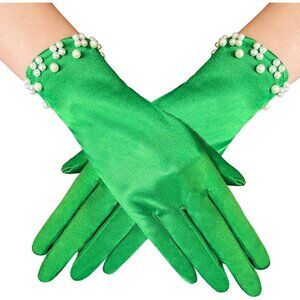 Women's Elegant Green Floral Short Lace Wrist Gloves Bridal Dinner Party Prom